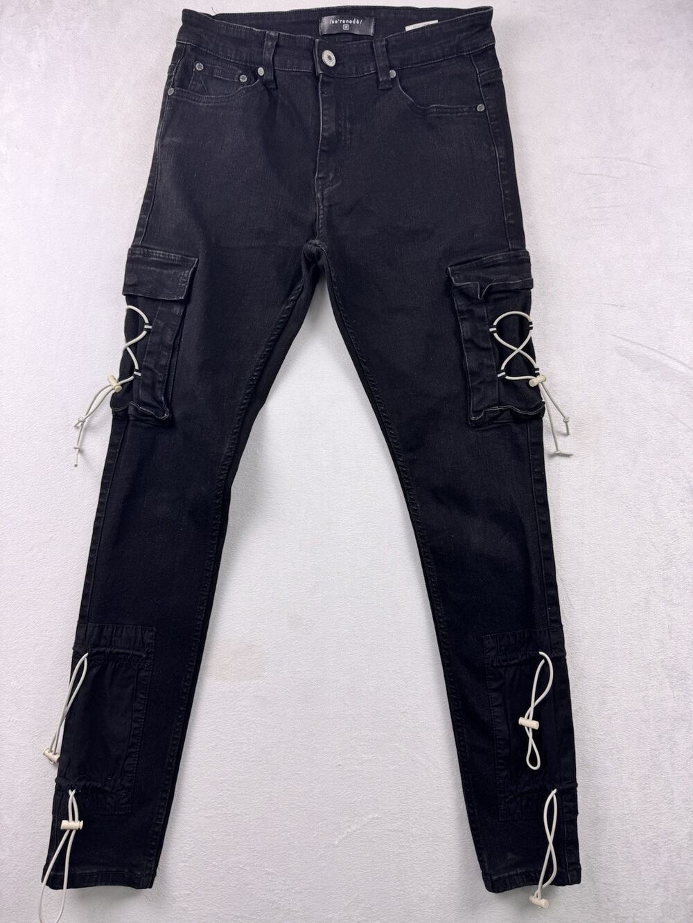 Serenede Poppy Cargo Denim Jeans Sz 32 Bungee Lace-Up Pockets Faded Black EUC